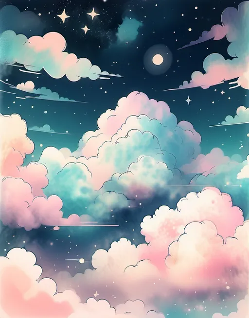 Prompt: High-resolution dreamy cloudscape, illustrated with vintage ink textures, soft lighting, starry night background, calming pastel hues, anime and manga influence.
