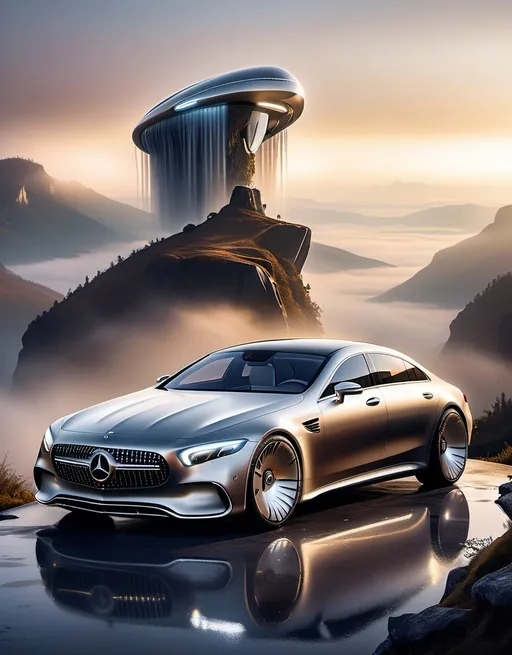 Prompt: A sleek, futuristic Mercedes-Benz parked on a misty mountaintop at sunrise. The car's polished silver body reflects the soft glow of ethereal golden light. Surrounding it, floating luminescent orbs cast a dreamlike glow, while distant waterfalls shimmer in the background. Wisps of fog weave through the air, creating a surreal and otherworldly atmosphere. The scene is hyper-realistic, with cinematic lighting and ultra-detailed reflections on the car’s surface.

