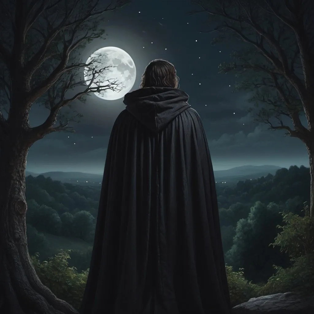 Prompt: Man in dark medieval cloak, staring at horizon, surrounded by trees, night time, stars, distant full moon, depressing mood, D&D style, realistic, detailed, atmospheric lighting, medieval fantasy, moonlit, detailed cloak, contemplative scene, professional, high quality
