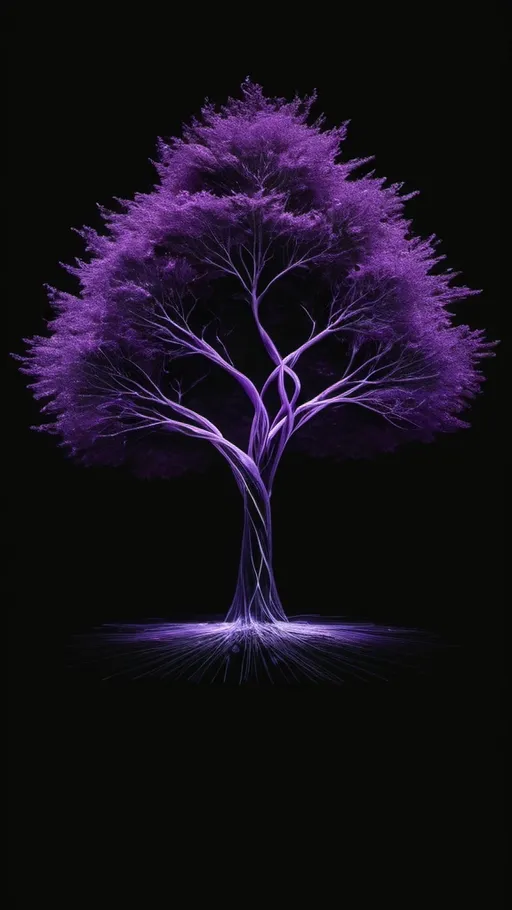 Prompt: Large purple tree shaped light painting black backdrop, minimalistic, elegant line design