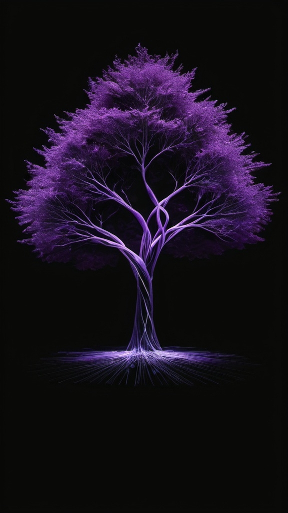 Prompt: Large purple tree shaped light painting black backdrop, minimalistic, elegant line design