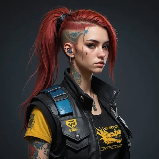 Prompt: Character design sheet cyberpunk 16-year-old girl red-blue flowing hair black bulletproof vest with yellow accents,dragon tattoos