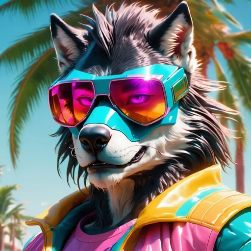 Prompt: a close up of a warewolf, wearing futuristic sunglasses, a palm tree, shiny cyberpunk colors, retrofuturism, 1980s sci-fi, game cover art, character, 4k