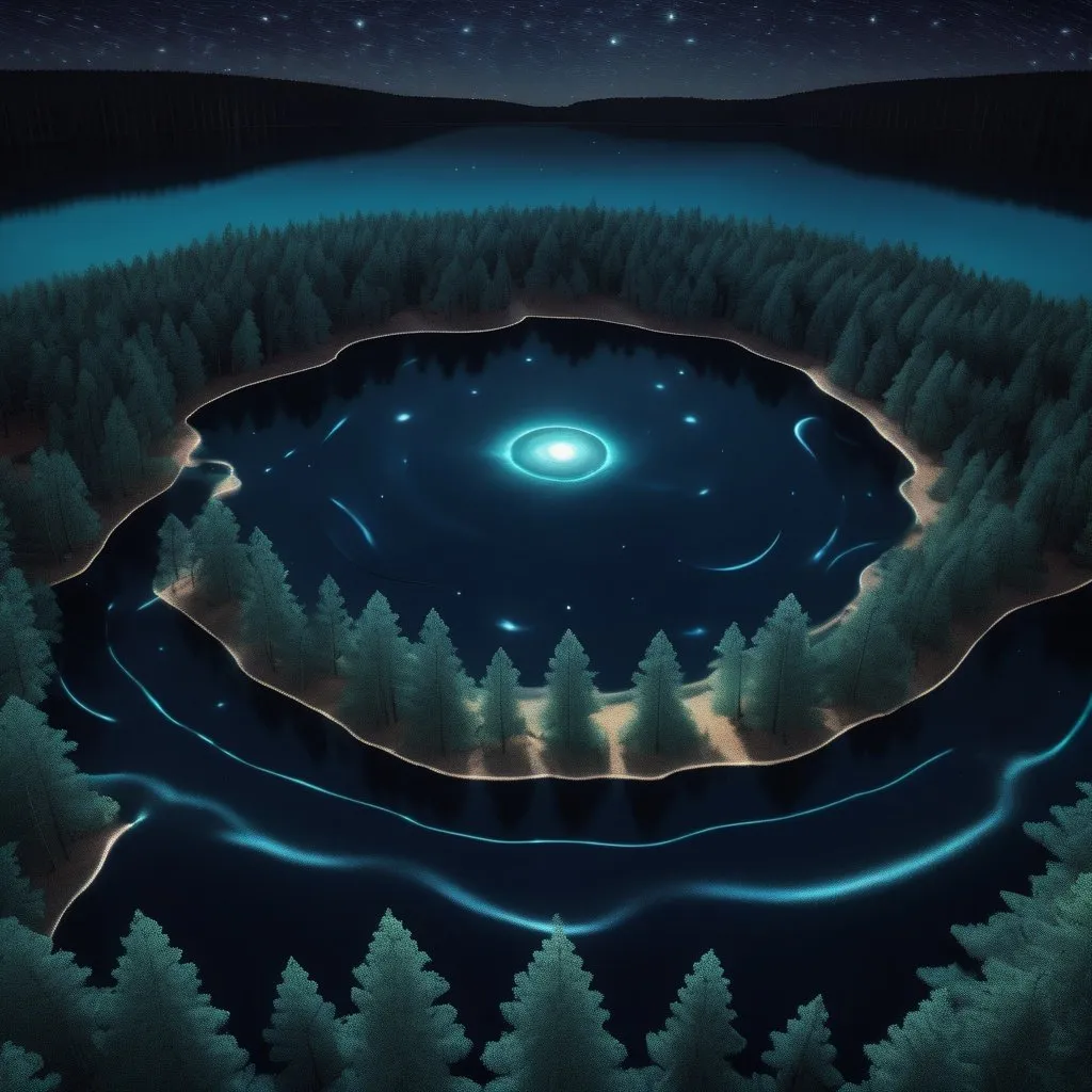 Prompt: Night view. Small lake surrounded by a pine forest. Perspective is from above looking down. Starry sky and moon is reflected in the lake and distorted by water ripples that have cymatic/fractal/julia set effect.