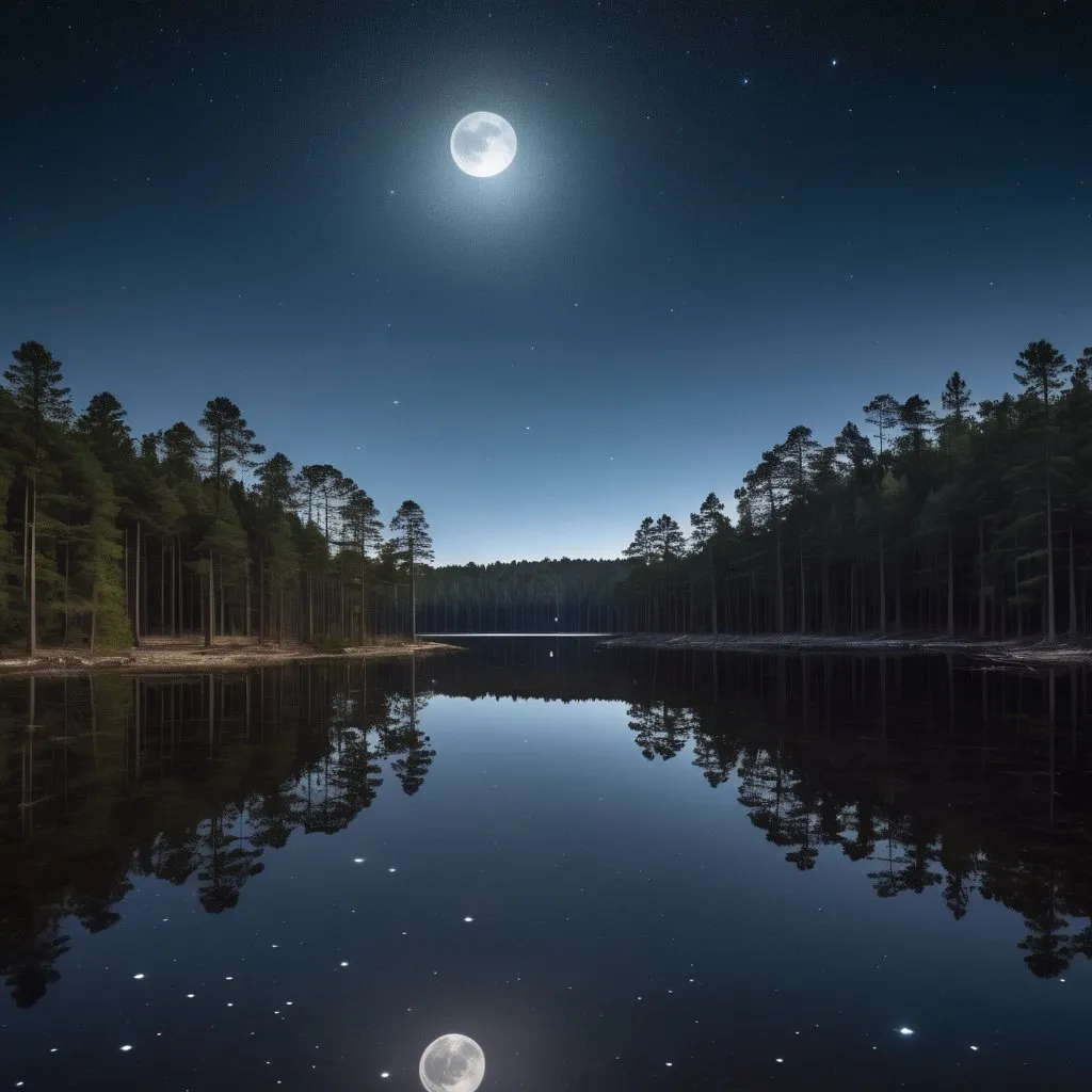 Prompt: Night view. Small lake surrounded by a pine forest. Perspective is viewed from the edge of the forest and slightly elevated but not birds-eye. Show sky only in refelection. Starry sky and moon is reflected in the lake. The lake water is composed of a cymatic pattern composed of refelected moon and stars in white.    