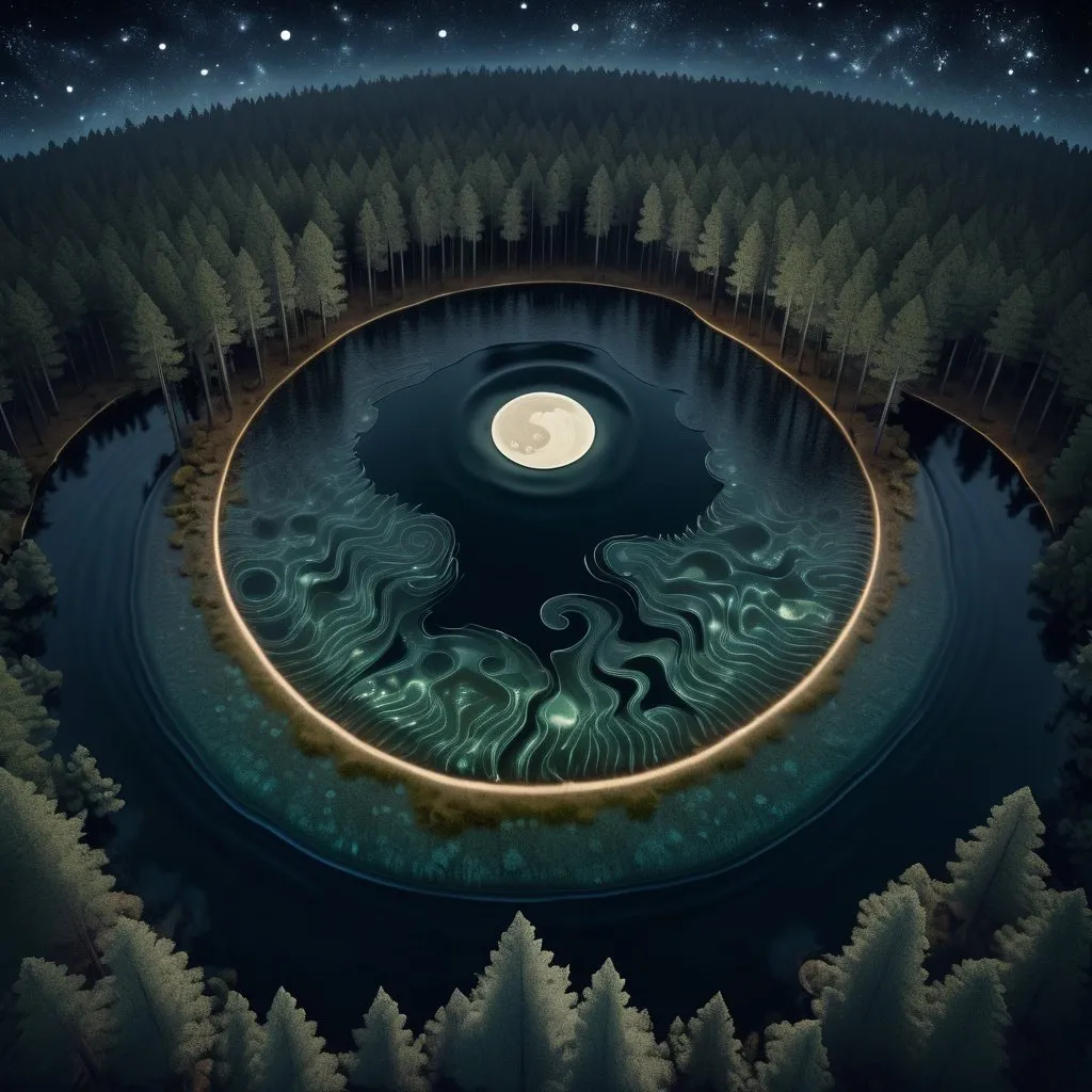 Prompt: Night view. Small lake surrounded by a pine forest. Perspective is from above looking down. Starry sky and moon is reflected in the lake and distorted by water ripples that have cymatic/fractal/julia set effect.