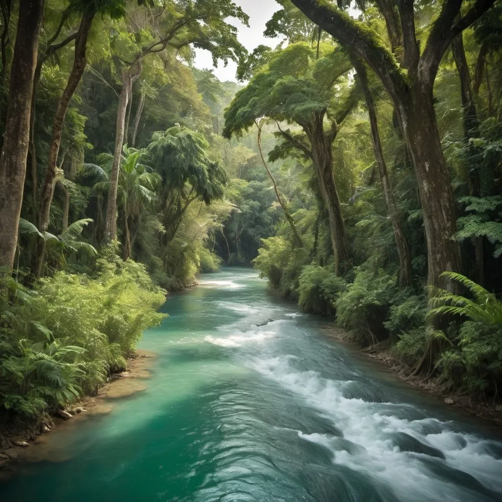 Prompt: Create river flowing through a forest of tall trees in Jamaica.  