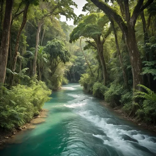 Prompt: Create river flowing through a forest of tall trees in Jamaica.  