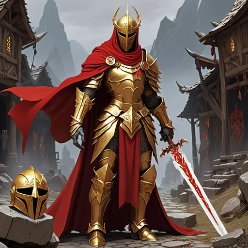 Prompt: Paladin, Golden Armor, Two Handed Infused Sword with Runes, Helmet, No Face, Red Cape, Standing, Background Fallen Village, Revenge, Big Shoulders, Blessed By Goddess, Dead Bodys lying besides