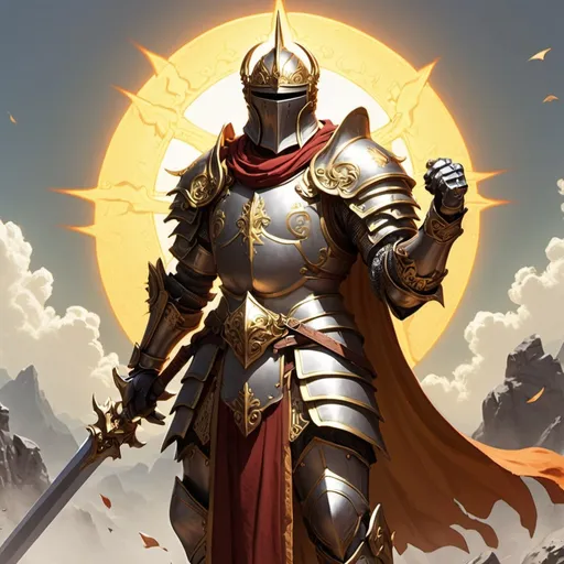 Prompt: Paladin, Hero, Sun,  Armor, Big Two handed Sword, No Face, Helmet,