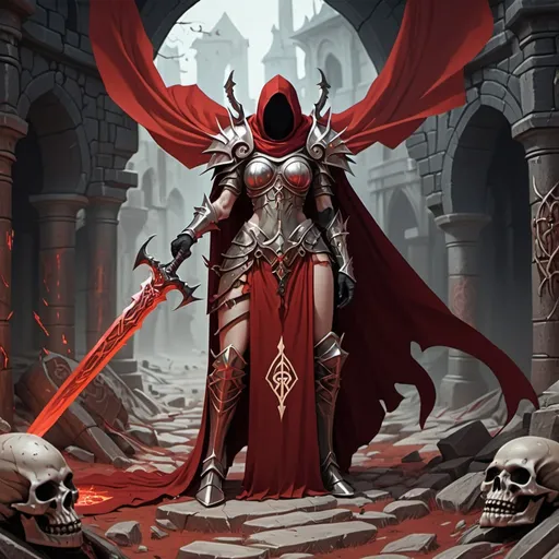 Prompt: Paladin, Armor, Two Handed Infused Sword with Runes, Skelet, No Face, Red Cape, Standing, Background Fallen Village, Revenge, Big Shoulders, Blessed By Goddess, Dead Bodys lying besides