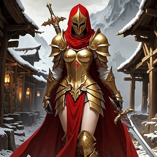 Prompt: Paladin, Golden Armor, Two Handed Infused Sword with Runes, Helmet, No Face, Red Cape, Standing, Background Fallen Village, Revenge, Big Shoulders, Goddess