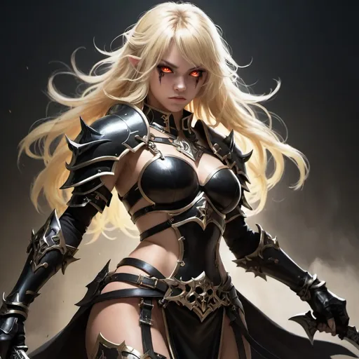 Prompt: female, goddes, rogue, armor, swords with black aura, demon eyes, blonde hair, 