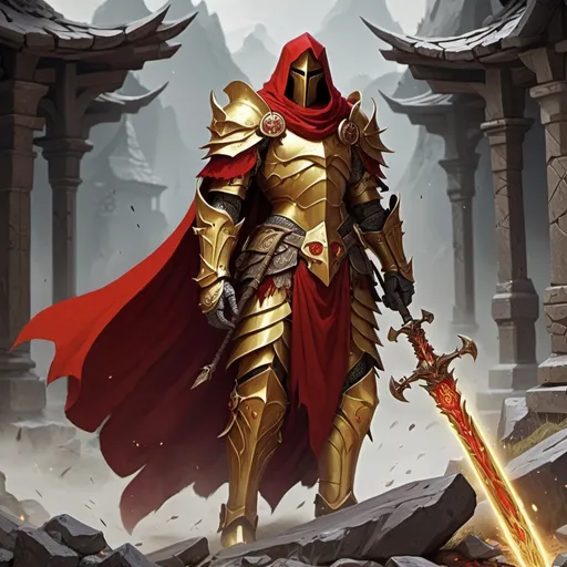 Prompt: Paladin, Golden Armor, Two Handed Infused Sword with Runes, Helmet, No Face, Red Cape, Standing, Background Fallen Village, Revenge, Big Shoulders, Blessed By Goddess, Dead Bodys lying besides