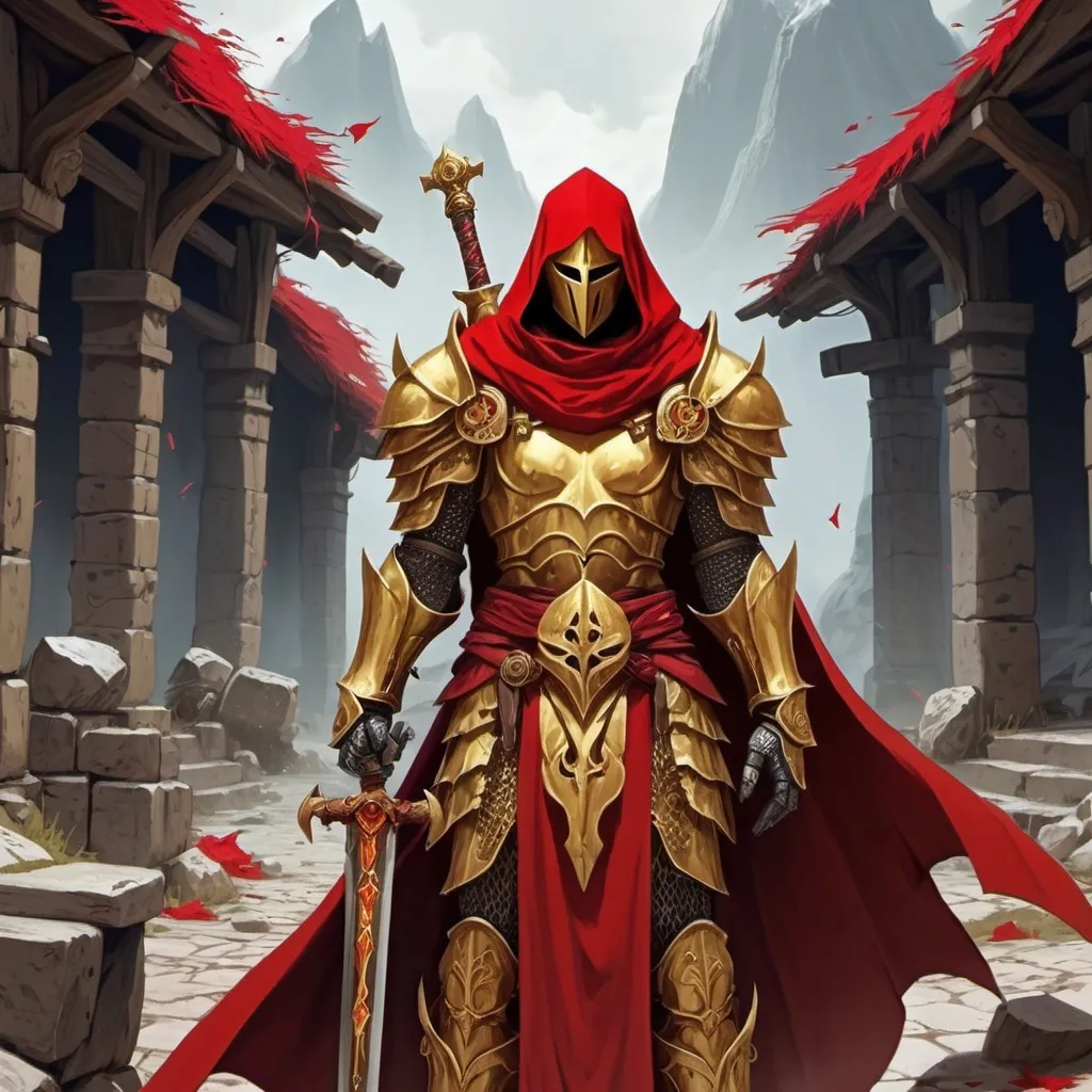 Prompt: Paladin, Golden Armor, Two Handed Infused Sword with Runes, Helmet, No Face, Red Cape, Standing, Background Fallen Village, Revenge, Big Shoulders, Blessed By Goddess, Dead Bodys lying besides