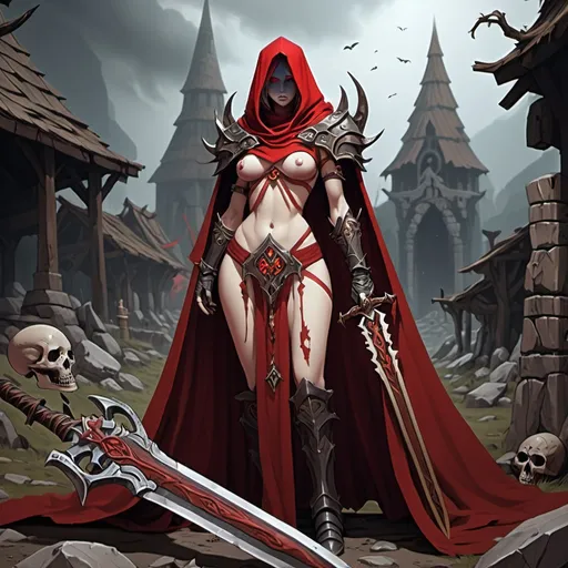 Prompt: Paladin, Armor, Two Handed Infused Sword with Runes, Skelet, No Face, Red Cape, Standing, Background Fallen Village, Revenge, Big Shoulders, Blessed By Goddess, Dead Bodys lying besides