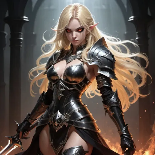 Prompt: female, goddes, rogue, armor, swords with black aura, demon eyes, blonde hair, 