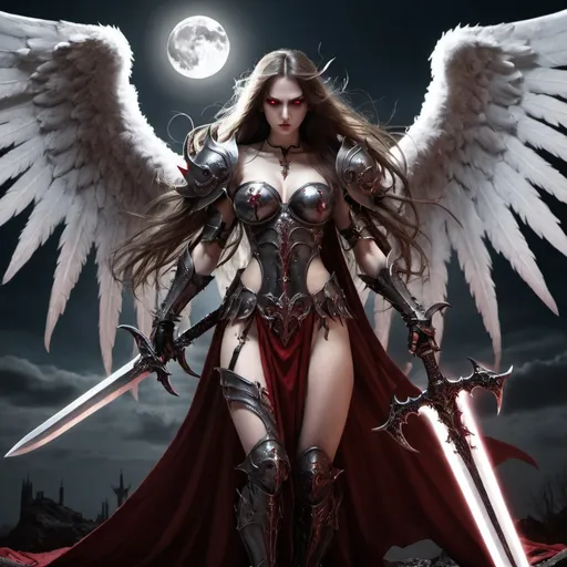 Prompt: Demonic Angel, Female, Long Hair, Demonic Eyes, Angel WIngs, Full Body, Armor, Legendary Sword, Holy, Blood, Vampire, Moon in Background