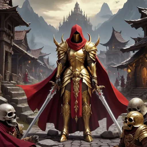 Prompt: Paladin, Golden Armor, Two Handed Infused Sword with Runes, Helmet, No Face, Red Cape, Standing, Background Fallen Village, Revenge, Big Shoulders, Blessed By Goddess, Dead Bodys lying besides