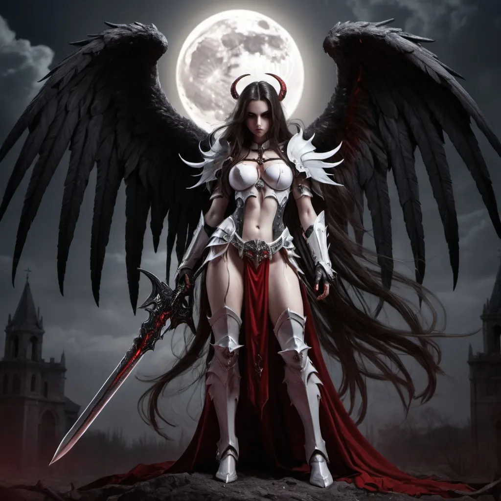 Prompt: Demonic Angel, Female, Long Hair, Demonic Eyes, Angel WIngs, Full Body, Armor, Legendary Sword, Holy, Blood, Vampire, Moon in Background