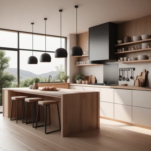 Prompt: make a render with a japandi style kitchen with a beatiful view with 4 megapixels
