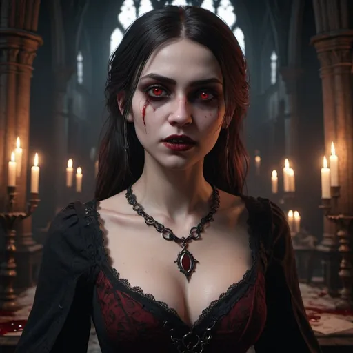 Prompt: highly detailed, sharp focus, 4k UHD, Unreal Engine 5, Misc-Gothic style, intricate architecture, dramatic lighting, eerie atmosphere, haunting shadows, gothic aesthetic, dark color palette, mysterious figures, intricate details, professional quality, unreal engine 5 rendering, moody ambiance, vampire girl, hot vampire, blood stains, fangs, glowing red eyes, necklace, cleavage, 