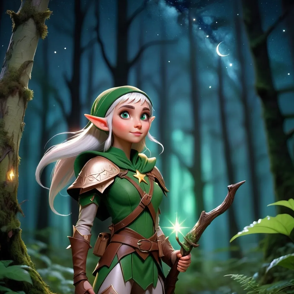 Prompt: Elf ranger in a mystical forest with star filled night sky
