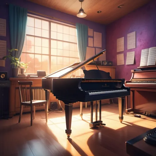 Prompt: recording studio piano. Create sheet music floating in the air around the piano.  Put a microphone in the picture. Make it anime.
