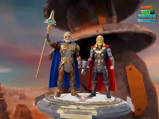 Prompt: Is age mein left side par jis robot mein stick ko Hawa mein uthaya hua hai Tum use marvels wale Thor ke father odin mein uske sath right side pe jo report kharab hua hai use Thor mein convert kar do aur uske hath mein Jo stick hai use Thor ke second hammer mein convert kar do