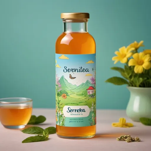 Prompt: Create a bottle labelled SereniTea that contains ativan - make label more for mental health and marketed for children

