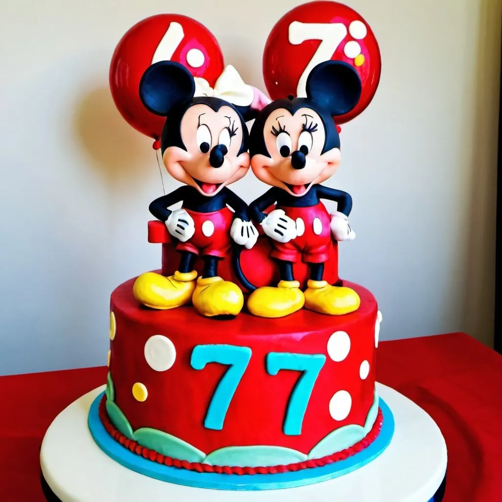 Prompt: Mickey and Minnie couple cake with a number 7 candle for a girl named Olivia