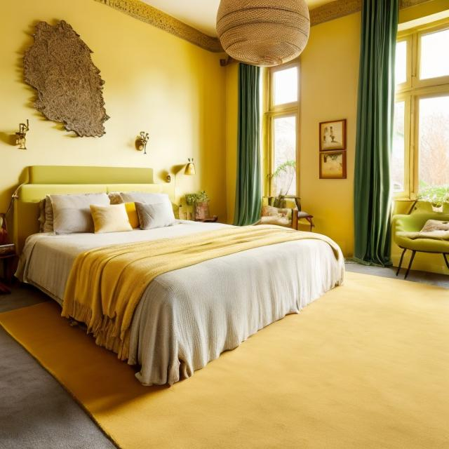 Prompt: Cozy interior with long table and soft carpet, golden yellow walls, light green ceiling, warm lighting, high quality, detailed, cozy, interior design, long table, soft carpet, golden yellow walls, light green ceiling, warm lighting