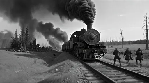 Prompt: 4K Black and white image of Train traveling through war-torn Russia being attacked by bandits on horseback.