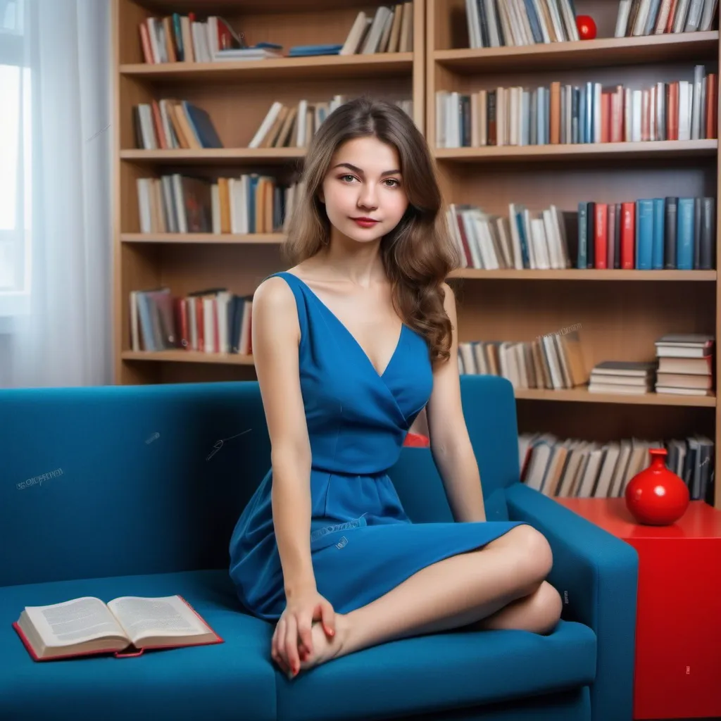 Prompt: a woman sitting on a couch in a blue dress with a red object in her hand and a bookcase behind her, Elina Karimova, superflat, very beautiful, a stock photo