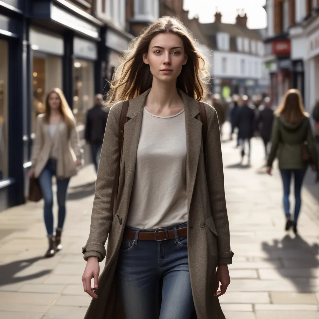 Prompt: Tall young woman walking down the high street, detailed clothing, realistic, natural lighting