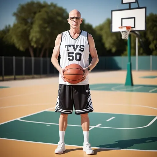 Prompt: Generate image
White male
50 years old
Caucasian
Bald head
Wearing glasses
Tall
Full body visible
In motion
Wearing basketball kit
Wearing Shorts
Large letter Initials ''TV'' on vest
On basket ball court