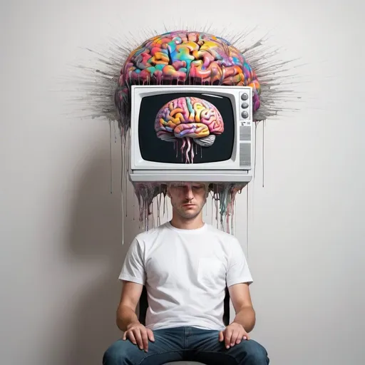 Prompt: Man with TV head, static and melting brain on screen, white t-shirt, lazy boy, surreal digital art, glitchy details, high quality, digital painting, surrealism, glitch art, melting brain, static screen, comfortable setting, detailed TV screen, surreal lighting