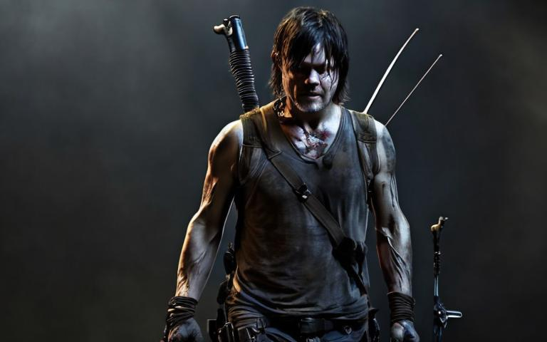 Prompt: Daryl dixon with his trusty crossbow slung across his back with white angel wings that fade out black at the outer tips and go out futher but are made out of shotguns