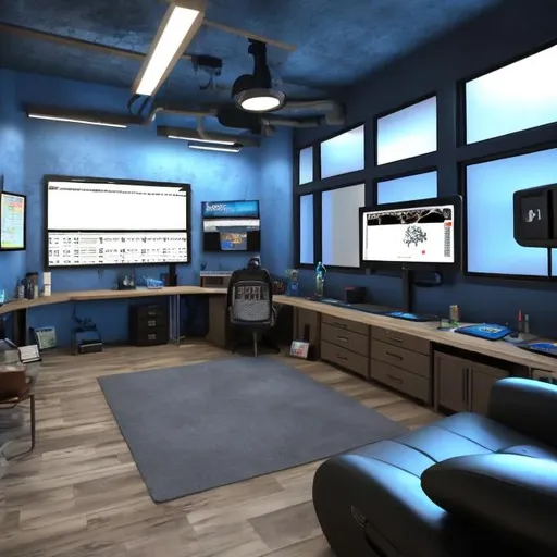 Prompt: Comfy large mancave with computers, maths and electronics