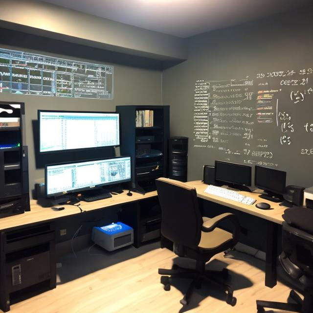 Prompt: Comfy large programming mancave with computers, maths and electronics