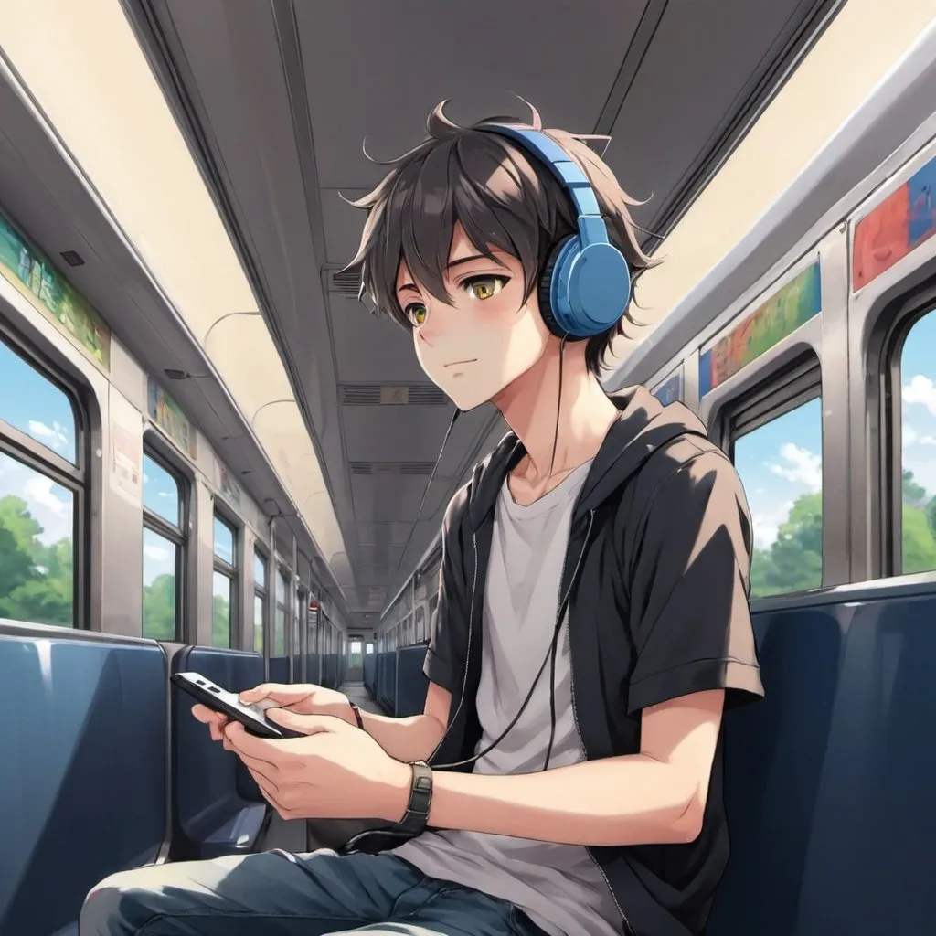 Prompt: An anime boy listening to music in a train 