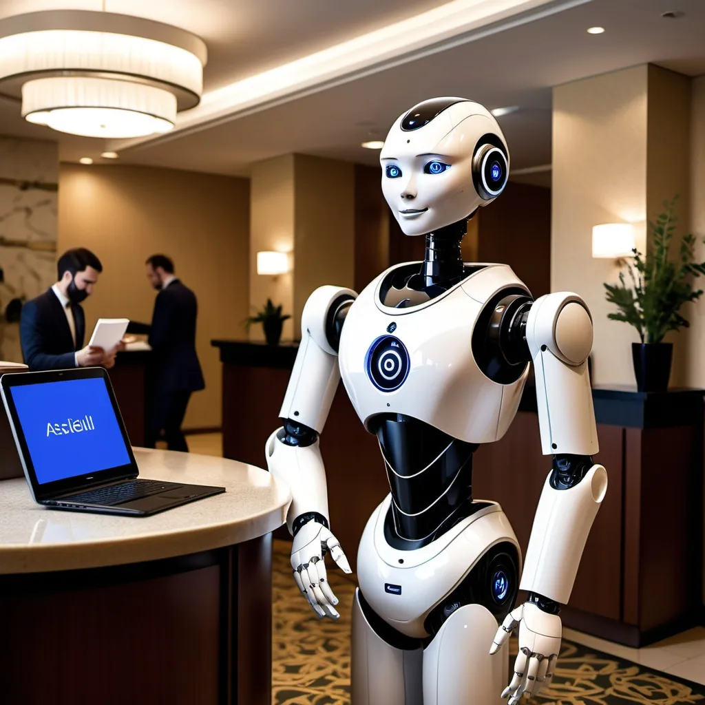 Prompt: a humanoid robot asisting at hotel reception
