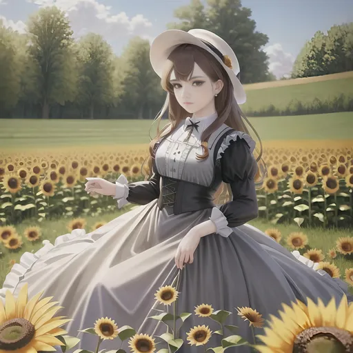 Prompt: full body, professional, renaissance painting of Sophia Lillis in Classical Lolita fashon holding umbrela,  long hair, sunflower's garden background,  dynamic pose, 64k, extremely detailed, extremely realistic, masterpiece