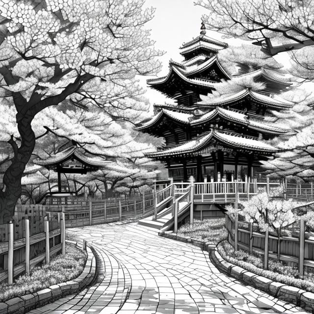 Prompt: masterpiece, award wining, trending on art station, black and white, cityscape, daytime, Sakura tree, (falling sakura blossom petals:0.2), peaceful (temple + playground), absurdres, minimalist coloring book manga style