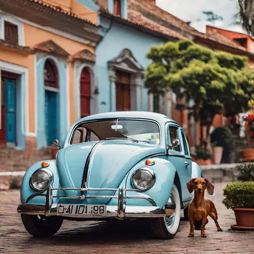 Prompt: 1950s style, retro  Light blue car Volkswagen besides dachshund dog, (Brazil, nature, red brick buildings history modern art, amazing unreal background), (natural colors, correct white balance, color correction, dehaze, clarity), (bokeh:1.3), RAW photo, full sharp, wallpapper 8k uhd, dslr, soft lighting, high quality, film grain, Fujifilm XT3, vivid colours