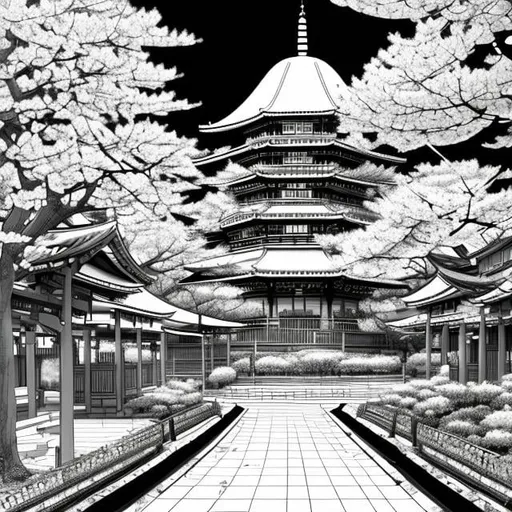 Prompt: masterpiece, award wining, trending on art station, black and white, cityscape, daytime, Sakura tree, (falling sakura blossom petals:0.2), peaceful (temple + playground), absurdres, minimalist coloring book manga style