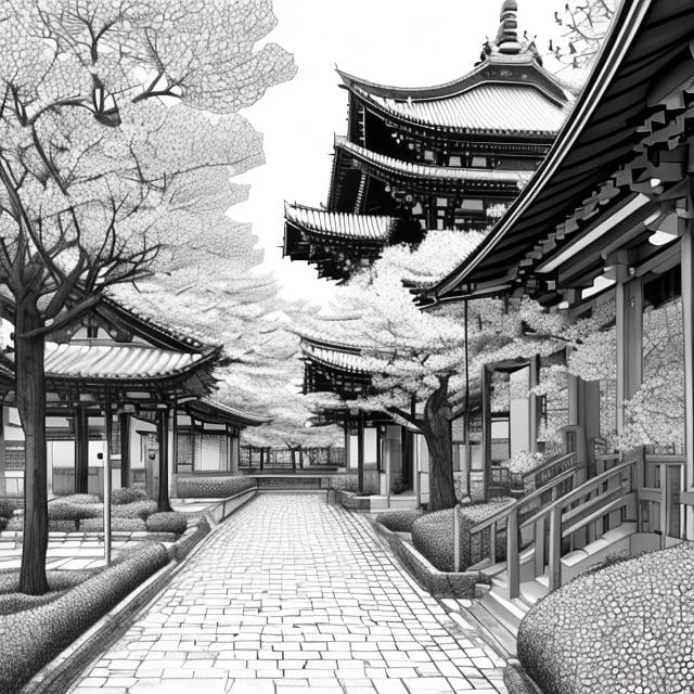 Prompt: masterpiece, award wining, trending on art station, black and white, cityscape, daytime, Sakura tree, (falling sakura blossom petals:0.2), peaceful (temple + playground), absurdres, minimalist coloring book manga style