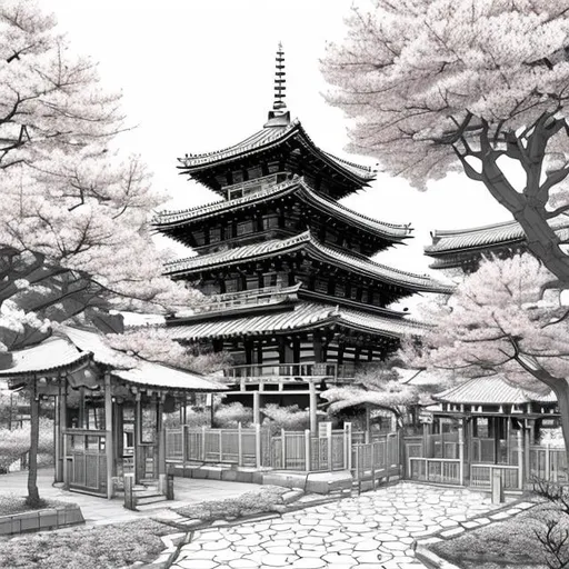 Prompt: masterpiece, award wining, trending on art station, black and white, cityscape, daytime, Sakura tree, (falling sakura blossom petals:0.2), peaceful (temple + playground), absurdres, minimalist coloring book manga style