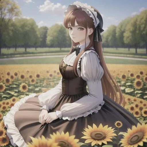 Prompt: full body, professional, renaissance painting of Sophia Lillis in Classical Lolita fashon holding umbrela,  long hair, sunflower's garden background,  dynamic pose, 64k, extremely detailed, extremely realistic, masterpiece