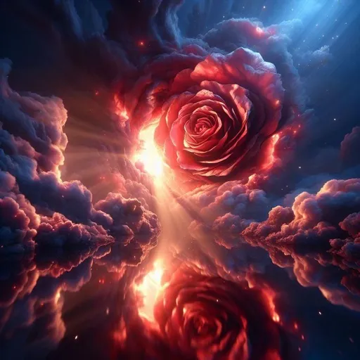 Prompt: a 3D image of a scene where the sky splits to give birth to a rose , evoking the aesthetics of a painting. Use dynamic lighting with subtle shadows, detailed textures for the rose , reflective materials , careful modeling , well-crafted perspective, high-quality rendering with ray tracing , and a magical atmosphere enhanced by subtle atmospheric effects and luminous particles . The goal is to achieve a realistic , captivating , and artistically rich image that convey s the celestial separation evolving into a rose